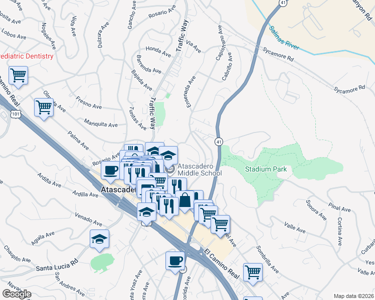 map of restaurants, bars, coffee shops, grocery stores, and more near 5601 West Mall in Atascadero
