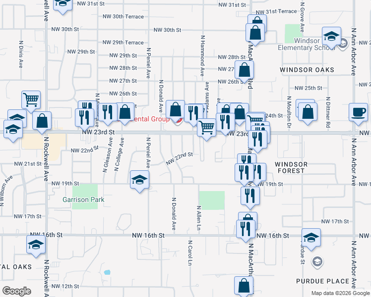 map of restaurants, bars, coffee shops, grocery stores, and more near 6204 Northwest 22nd Street in Bethany