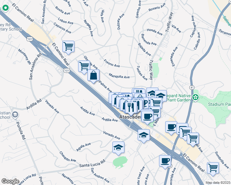 map of restaurants, bars, coffee shops, grocery stores, and more near 5425 El Camino Real in Atascadero