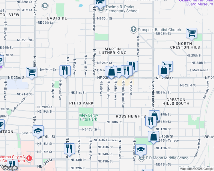 map of restaurants, bars, coffee shops, grocery stores, and more near 2201 North Jordan Avenue in Oklahoma City