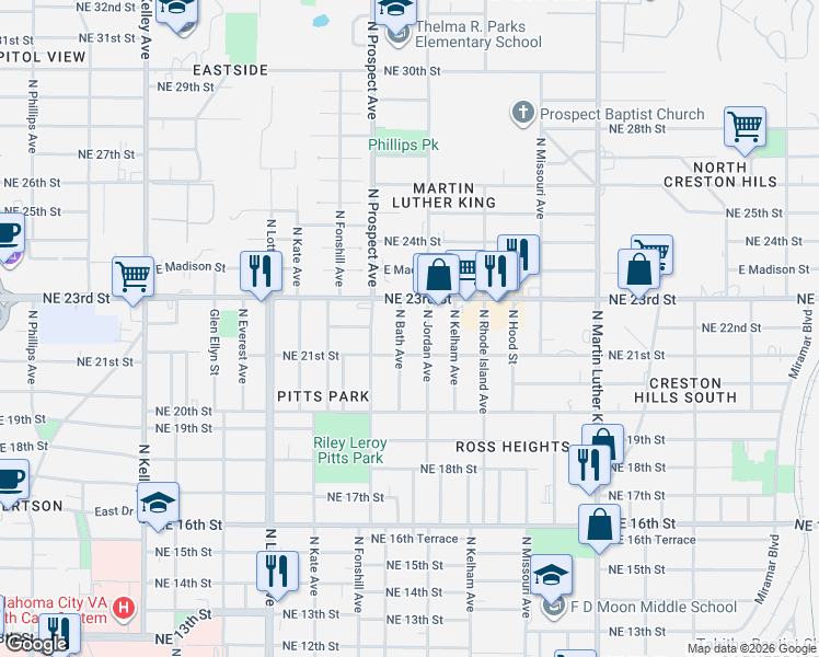 map of restaurants, bars, coffee shops, grocery stores, and more near 2201 North Jordan Avenue in Oklahoma City