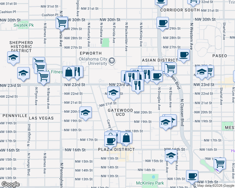 map of restaurants, bars, coffee shops, grocery stores, and more near 900 Northwest 21st Street in Oklahoma City