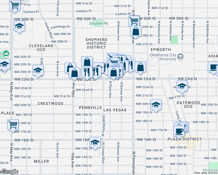 map of restaurants, bars, coffee shops, grocery stores, and more near 2230 Northwest 22nd Street in Oklahoma City