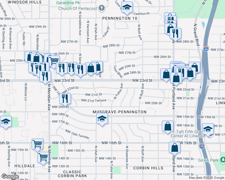 map of restaurants, bars, coffee shops, grocery stores, and more near 2136 North Tulsa Avenue in Oklahoma City