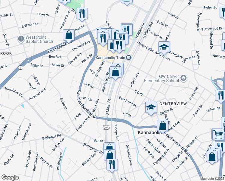 map of restaurants, bars, coffee shops, grocery stores, and more near 415 South Main Street in Kannapolis