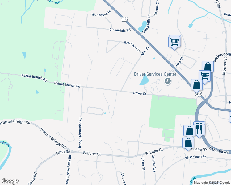 map of restaurants, bars, coffee shops, grocery stores, and more near 407 Dover Street in Shelbyville