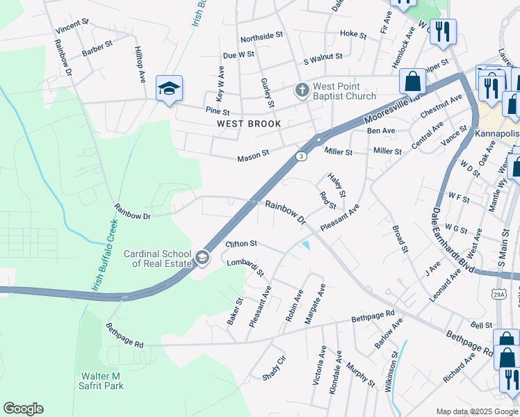 map of restaurants, bars, coffee shops, grocery stores, and more near 603 Grant Street in Kannapolis