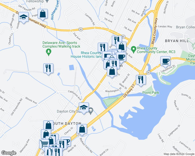 map of restaurants, bars, coffee shops, grocery stores, and more near 147 Market Street in Dayton