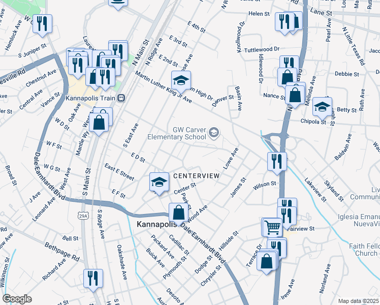 map of restaurants, bars, coffee shops, grocery stores, and more near 205 Flowe Avenue in Kannapolis