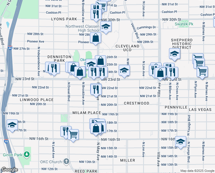 map of restaurants, bars, coffee shops, grocery stores, and more near 2836 Northwest 23rd Street in Oklahoma City