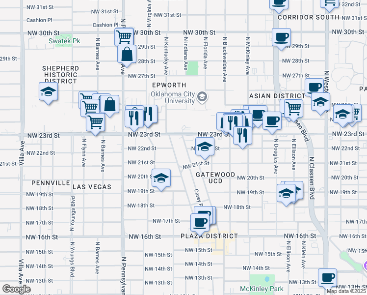 map of restaurants, bars, coffee shops, grocery stores, and more near 1844 Northwest 23rd Street in Oklahoma City