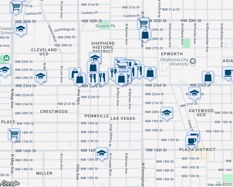 map of restaurants, bars, coffee shops, grocery stores, and more near 2222a Northwest 23rd Street in Oklahoma City