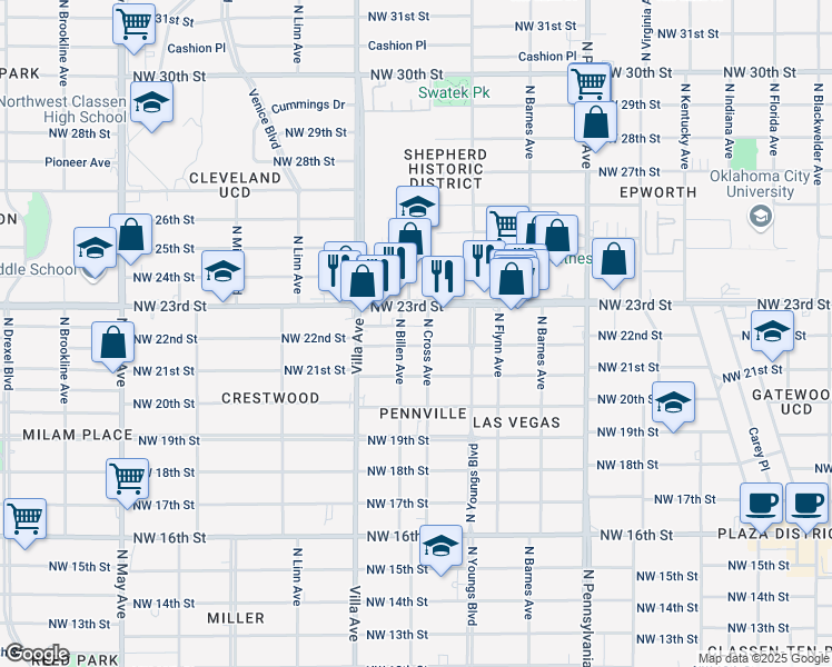 map of restaurants, bars, coffee shops, grocery stores, and more near 2336 Northwest 23rd Street in Oklahoma City