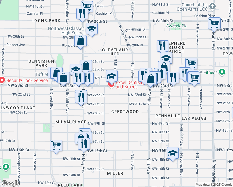 map of restaurants, bars, coffee shops, grocery stores, and more near 2740 Northwest 23rd Street in Oklahoma City