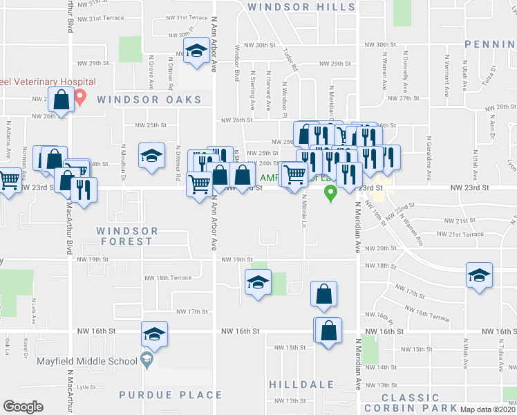 map of restaurants, bars, coffee shops, grocery stores, and more near 4800 Northwest 23rd Street in Oklahoma City