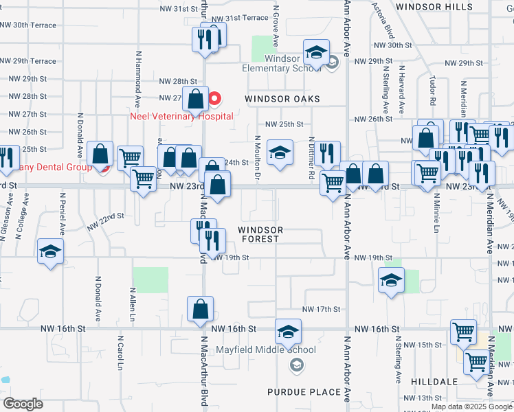 map of restaurants, bars, coffee shops, grocery stores, and more near 5602 Northwest 23rd Street in Oklahoma City