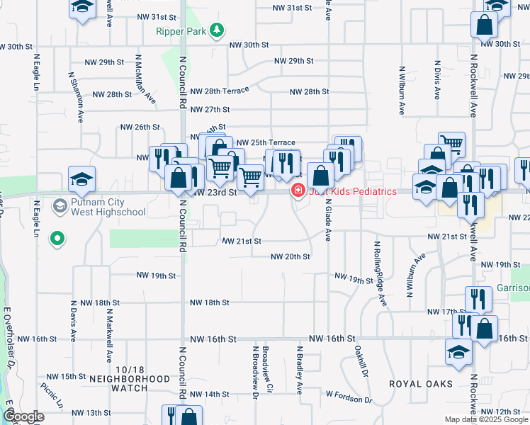 map of restaurants, bars, coffee shops, grocery stores, and more near 7706 NW 23rd St in Bethany