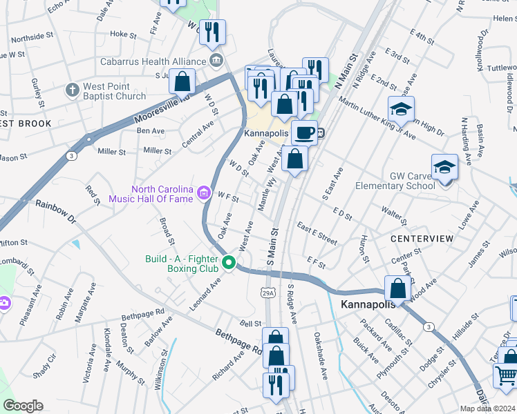 map of restaurants, bars, coffee shops, grocery stores, and more near 5950 Mantle Way in Kannapolis