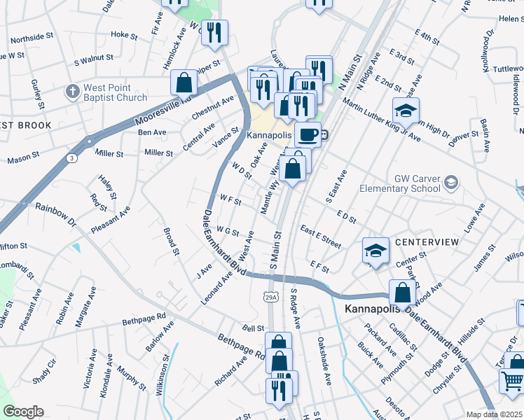 map of restaurants, bars, coffee shops, grocery stores, and more near 5950 Mantle Way in Kannapolis
