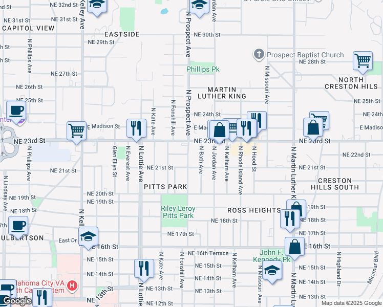 map of restaurants, bars, coffee shops, grocery stores, and more near 1518 Northeast 23rd Street in Oklahoma City