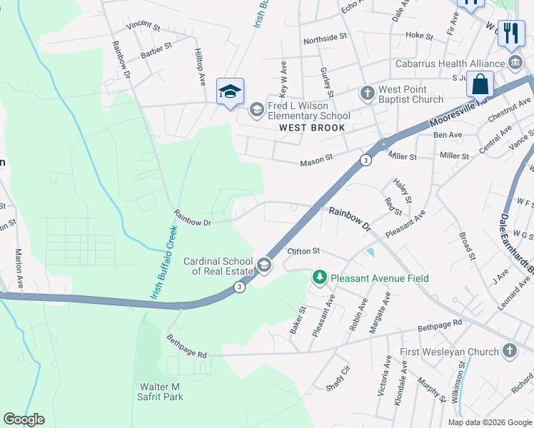 map of restaurants, bars, coffee shops, grocery stores, and more near 1390 Rainbow Drive in Kannapolis