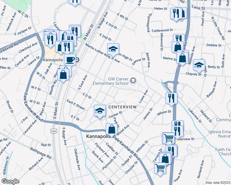 map of restaurants, bars, coffee shops, grocery stores, and more near 206 Flowe Avenue in Kannapolis