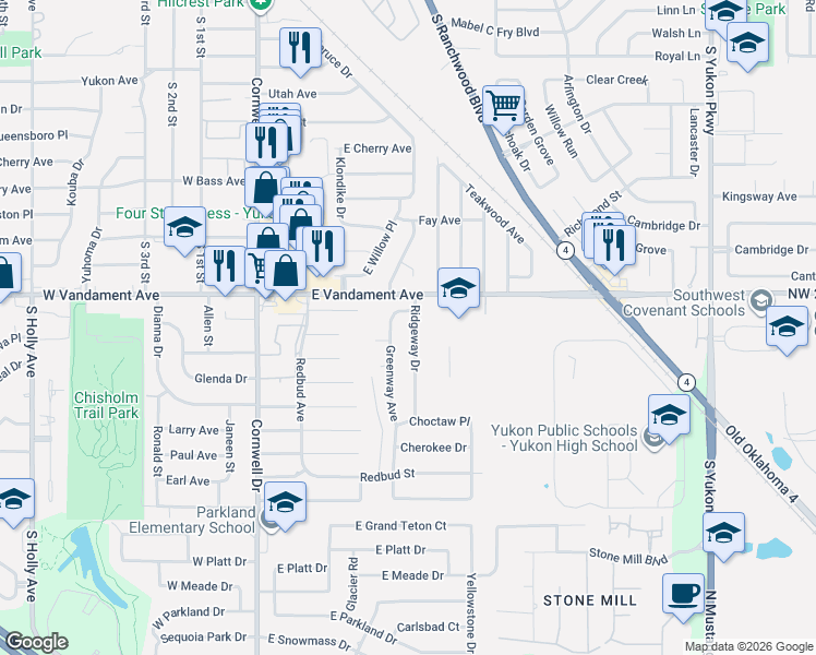 map of restaurants, bars, coffee shops, grocery stores, and more near 1709 Greenway Avenue in Yukon