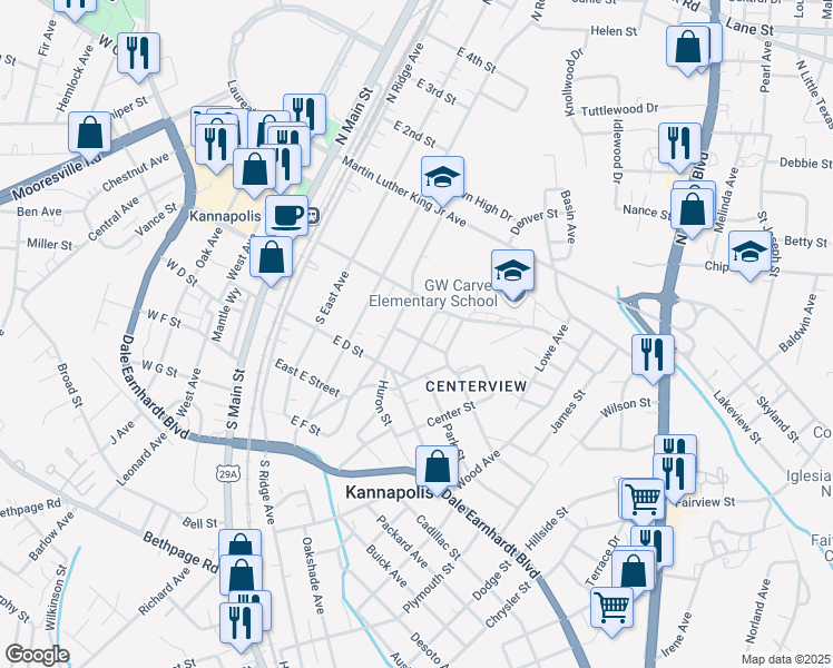 map of restaurants, bars, coffee shops, grocery stores, and more near 210 Sharpe Avenue in Kannapolis