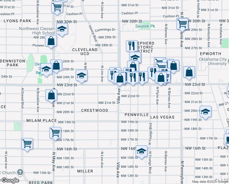 map of restaurants, bars, coffee shops, grocery stores, and more near 2500 Northwest 23rd Street in Oklahoma City