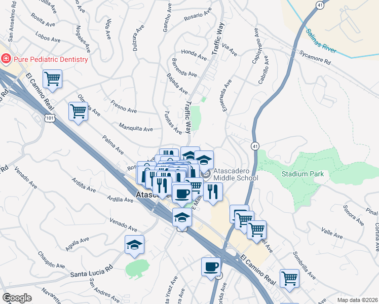 map of restaurants, bars, coffee shops, grocery stores, and more near 6100 Olmeda Avenue in Atascadero