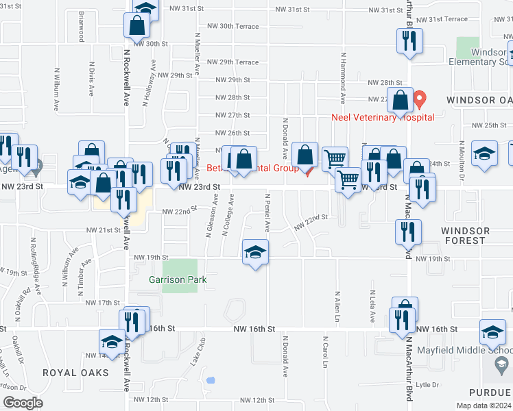 map of restaurants, bars, coffee shops, grocery stores, and more near 2233 North Keeton Avenue in Bethany