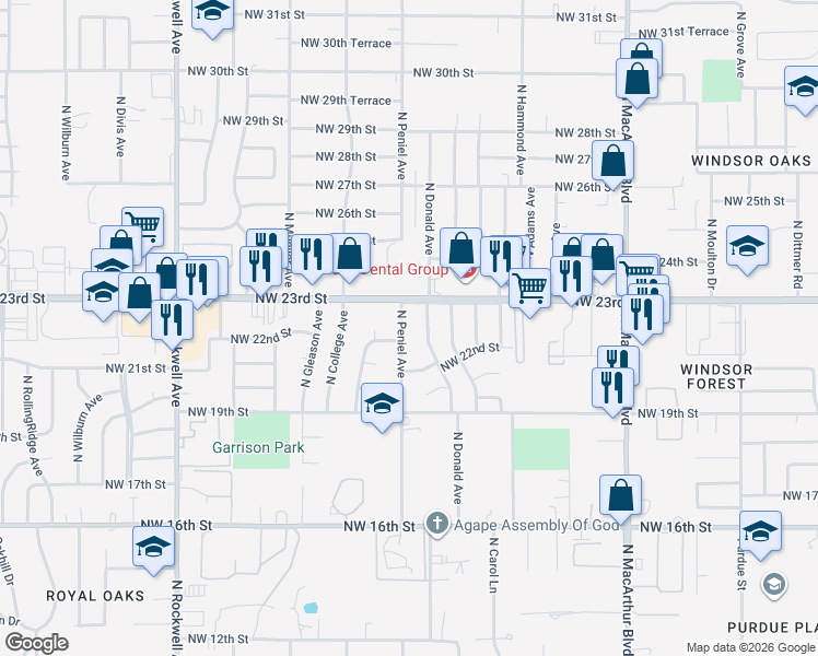 map of restaurants, bars, coffee shops, grocery stores, and more near 6508 Northwest 23rd Street in Bethany