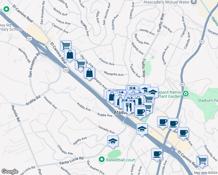 map of restaurants, bars, coffee shops, grocery stores, and more near 5372 Olmeda Avenue in Atascadero