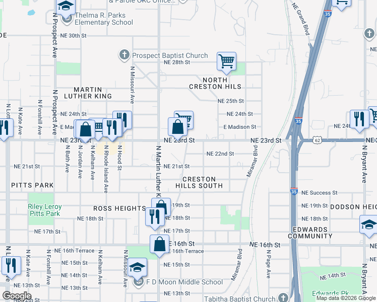 map of restaurants, bars, coffee shops, grocery stores, and more near 2038 Northeast 23rd Street in Oklahoma City