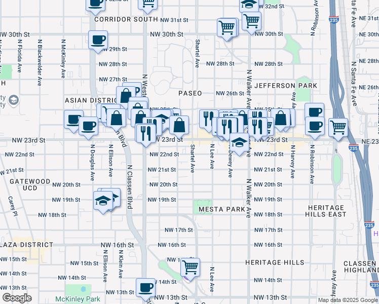map of restaurants, bars, coffee shops, grocery stores, and more near 730 Northwest 23rd Street in Oklahoma City