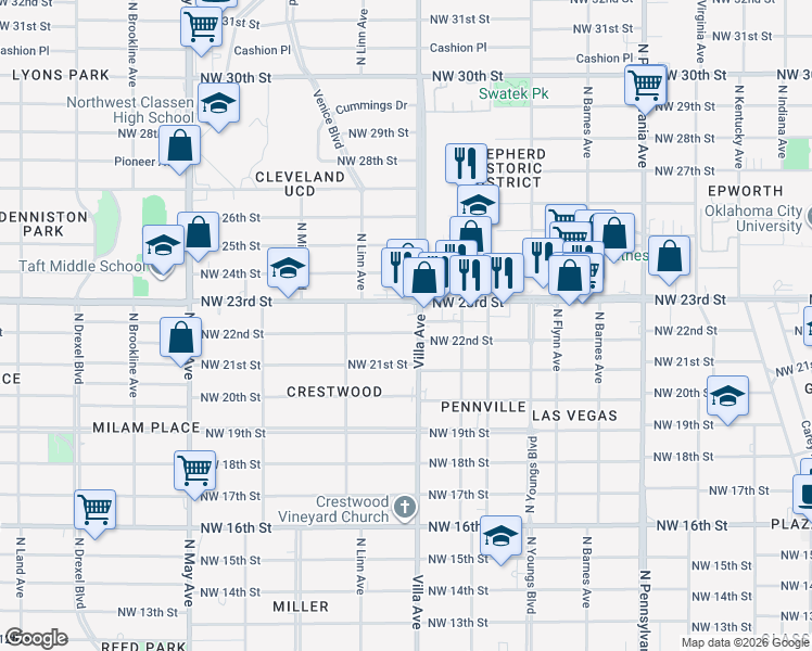 map of restaurants, bars, coffee shops, grocery stores, and more near 2500 Northwest 23rd Street in Oklahoma City