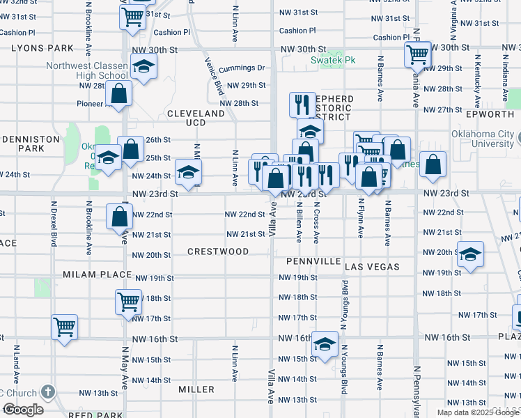 map of restaurants, bars, coffee shops, grocery stores, and more near 2500 Northwest 23rd Street in Oklahoma City