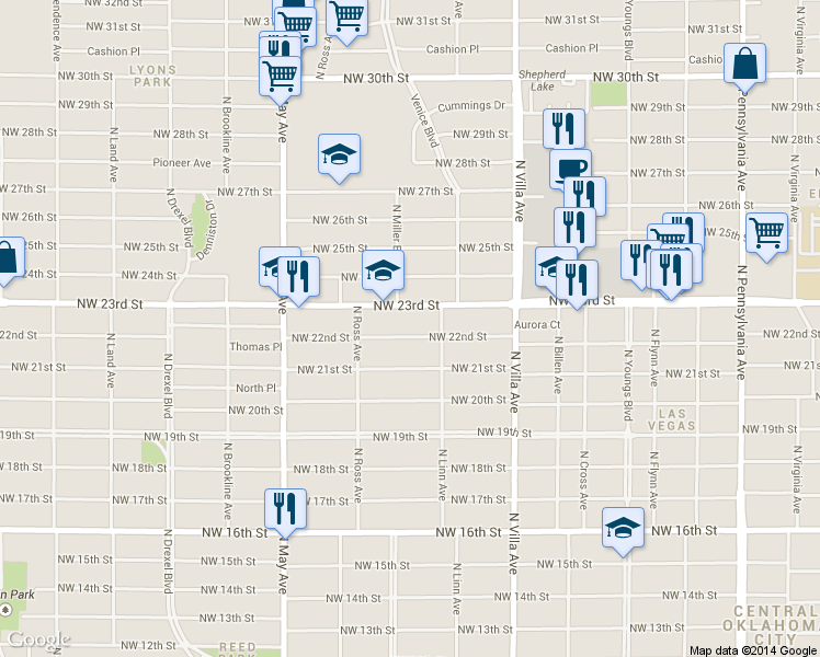 map of restaurants, bars, coffee shops, grocery stores, and more near 2712 Northwest 23rd Street in Oklahoma City