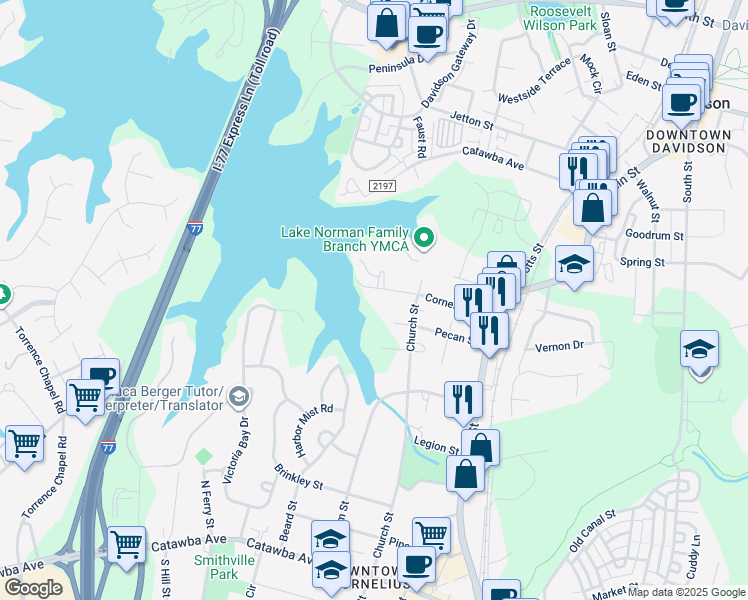 map of restaurants, bars, coffee shops, grocery stores, and more near 20600 Cornelius Street in Cornelius