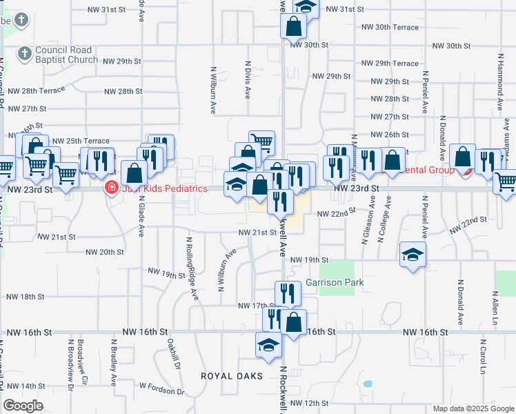 map of restaurants, bars, coffee shops, grocery stores, and more near 7130 NW 23rd St in Bethany