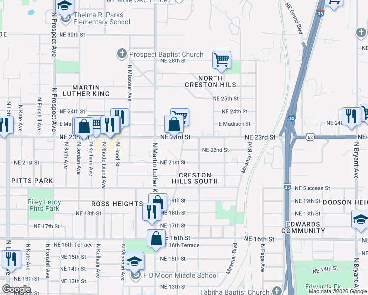 map of restaurants, bars, coffee shops, grocery stores, and more near 2038 Northeast 23rd Street in Oklahoma City