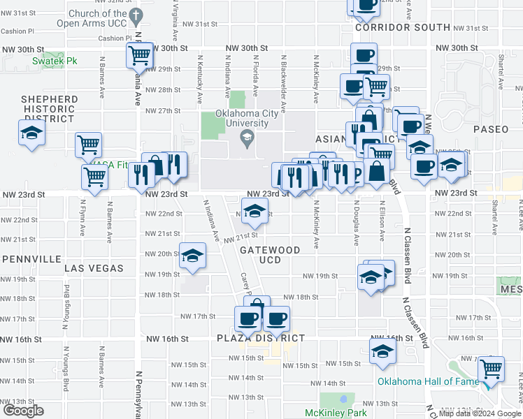 map of restaurants, bars, coffee shops, grocery stores, and more near 2301 North Florida Avenue in Oklahoma City