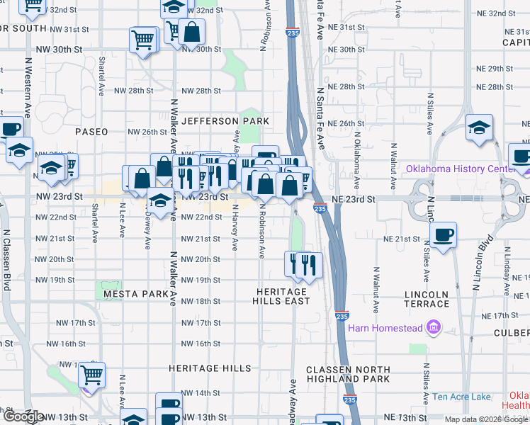 map of restaurants, bars, coffee shops, grocery stores, and more near 128 Northwest 23rd Street in Oklahoma City