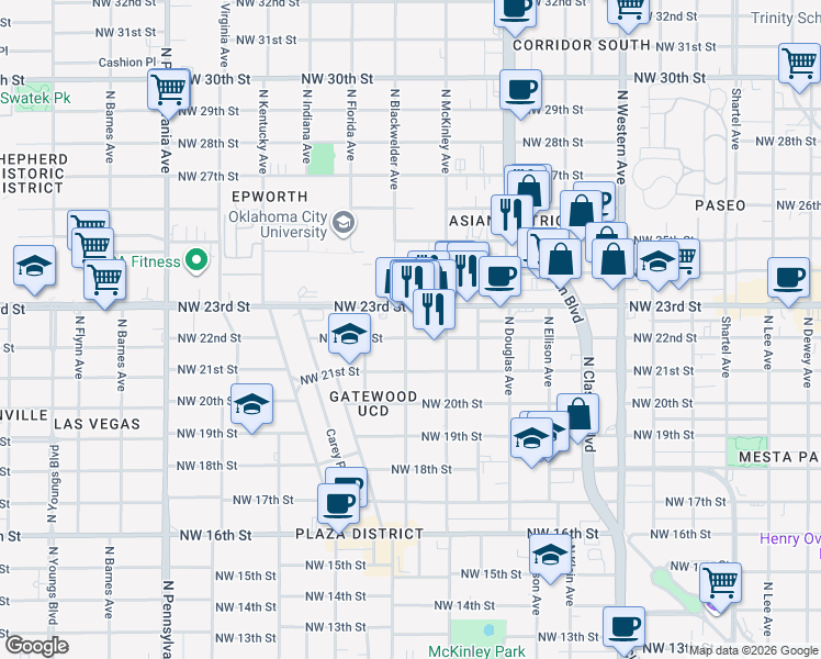 map of restaurants, bars, coffee shops, grocery stores, and more near 1629 Northwest 22nd Street in Oklahoma City