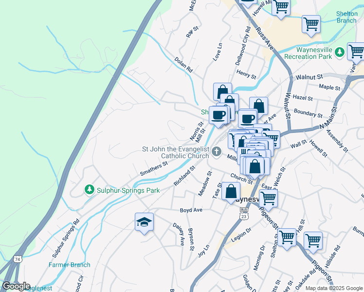 map of restaurants, bars, coffee shops, grocery stores, and more near 74 Morningview Road in Waynesville