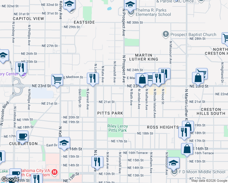 map of restaurants, bars, coffee shops, grocery stores, and more near 1424 Northeast 23rd Street in Oklahoma City