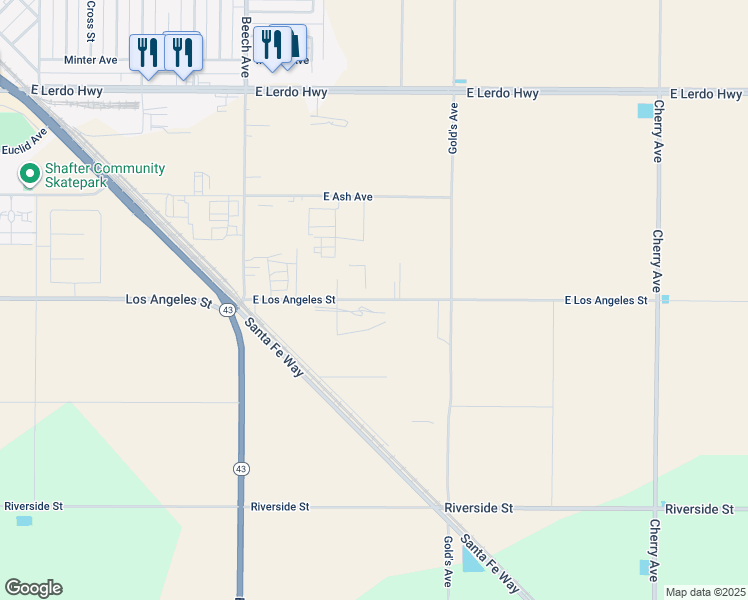 map of restaurants, bars, coffee shops, grocery stores, and more near 1499 East Los Angeles Avenue in Shafter