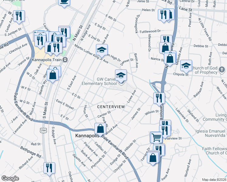 map of restaurants, bars, coffee shops, grocery stores, and more near 522 East C Street in Kannapolis