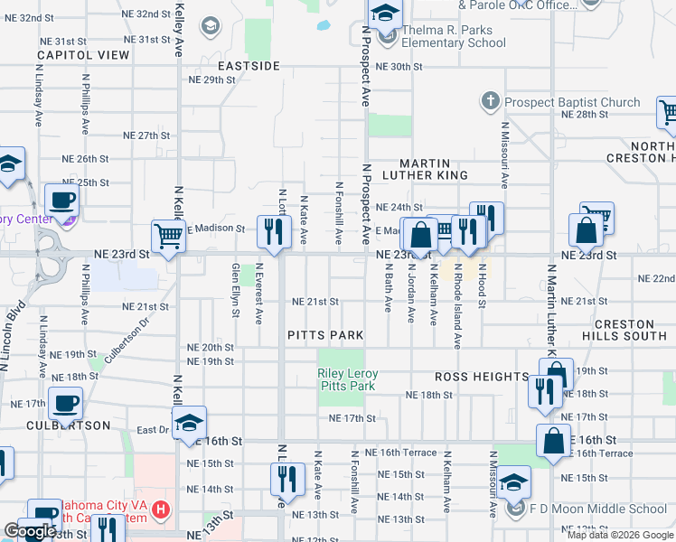 map of restaurants, bars, coffee shops, grocery stores, and more near 1424 Northeast 23rd Street in Oklahoma City