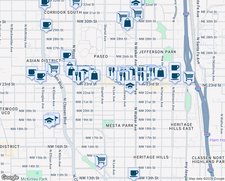 map of restaurants, bars, coffee shops, grocery stores, and more near 630 Northwest 23rd Street in Oklahoma City